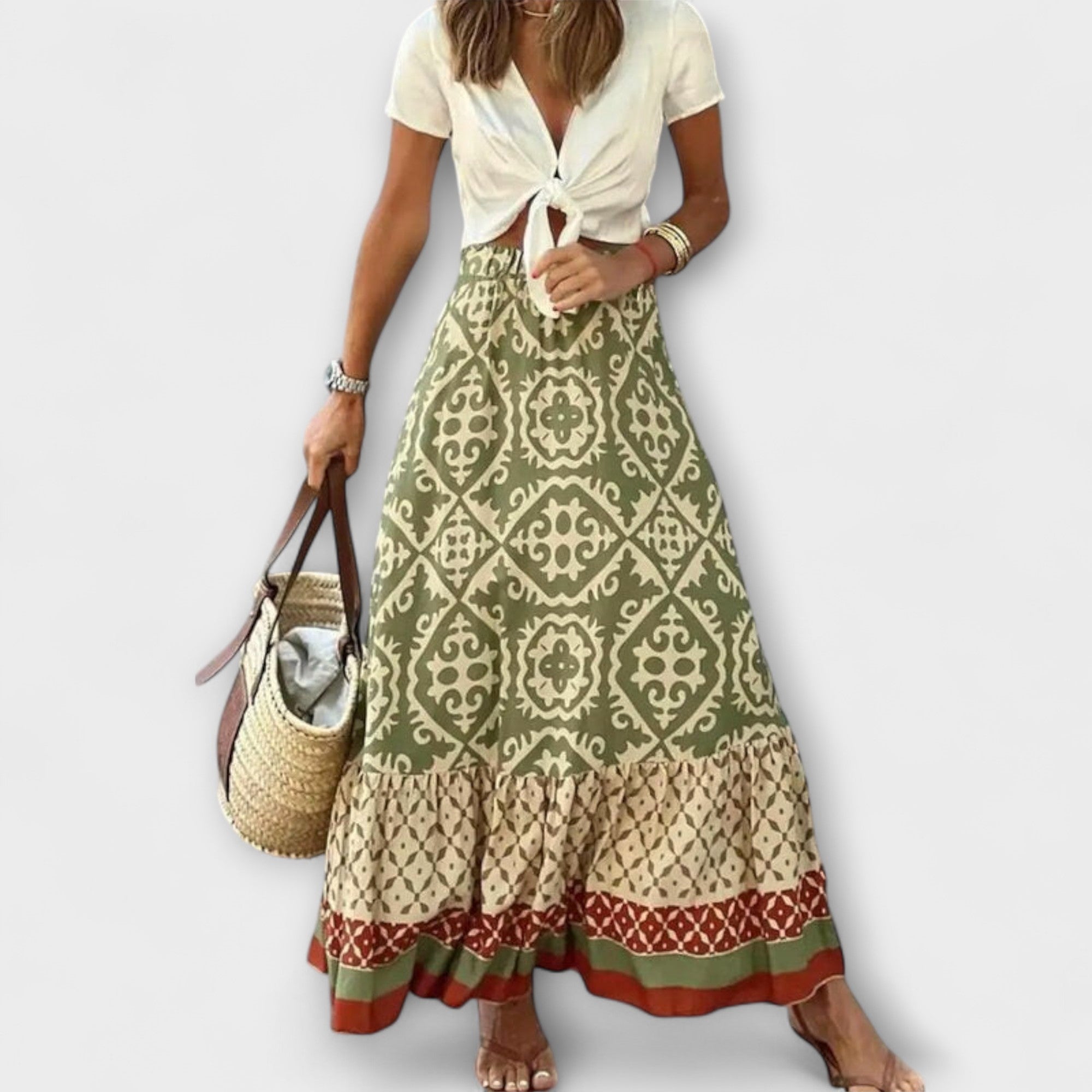 Hochtaillierter Sommerrock mit Paisley-Muster in Oliv und Creme, Volantsaum am Saum