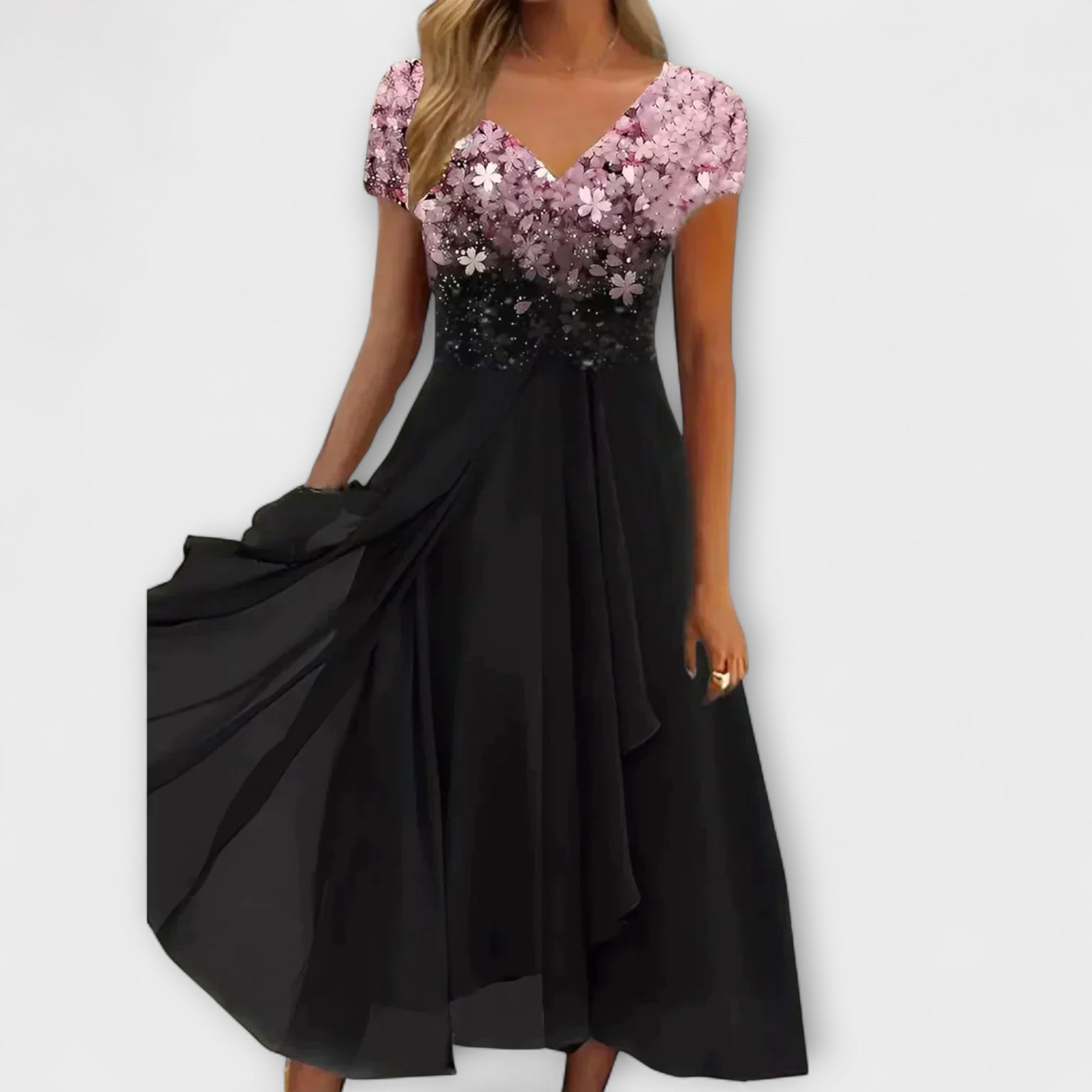 Damen-Chiffonpartykleid mit V-Ausschnitt, Glitzeroberteil rosa/schwarz und Volantrock