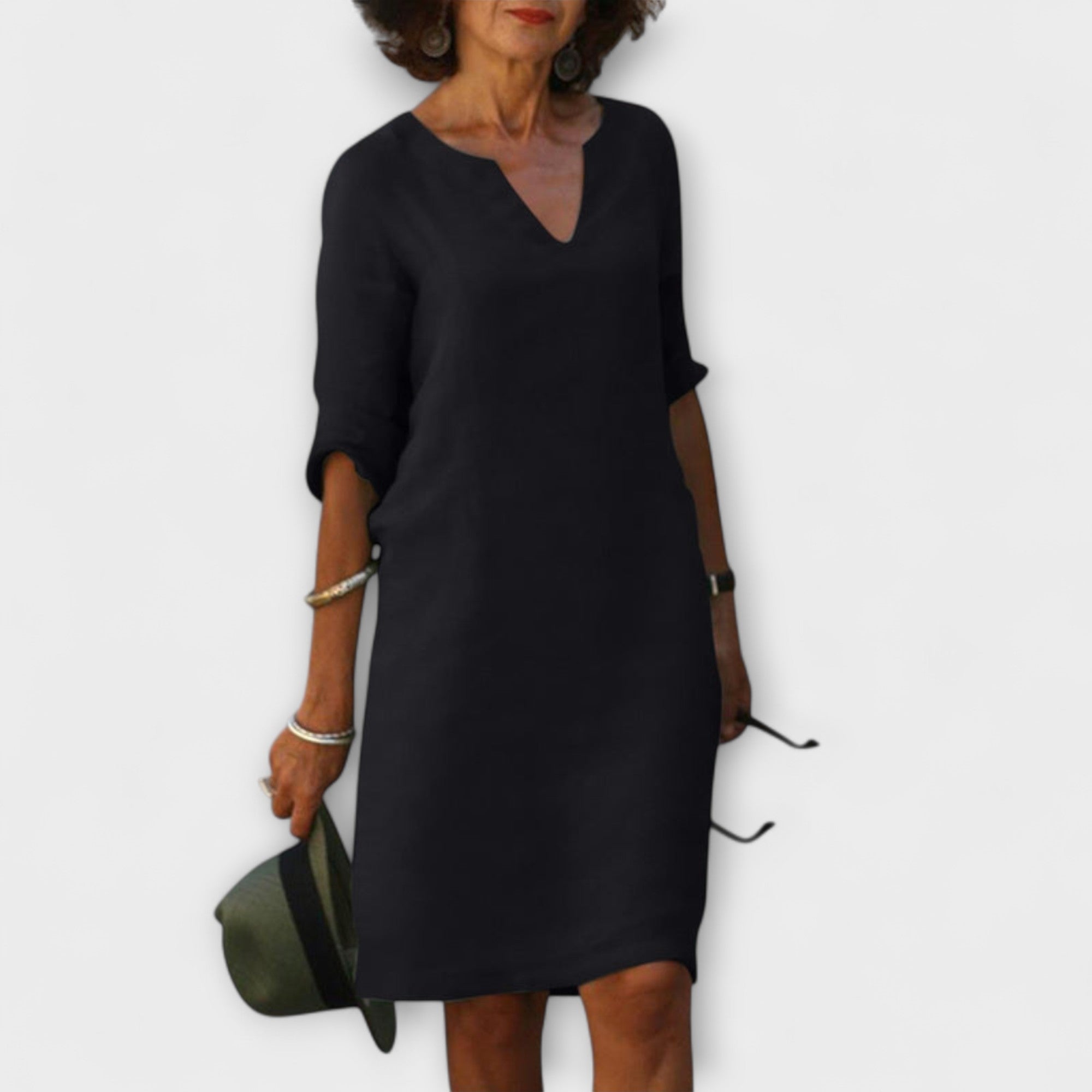 Sommerkleid mit V-Ausschnitt, langem Ärmel, schwarz, knielang