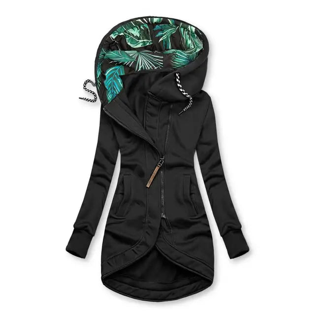 Elegante Jacke mit Kapuze, schwarz, Reißverschluss, schräges Frontpanel