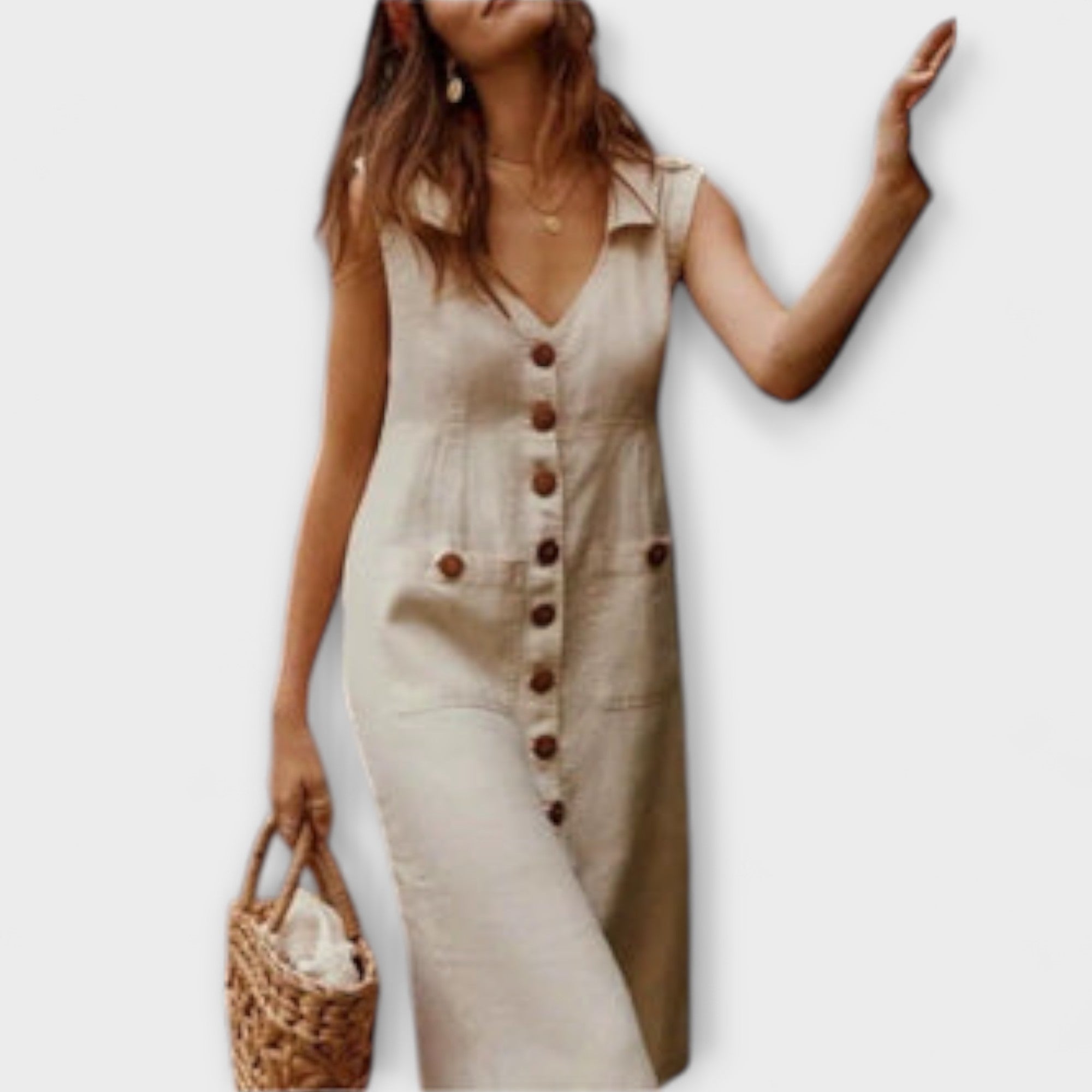 Ärmelloses A-Linien-Kleid mit Umlegekragen, Khaki, Knopfleiste