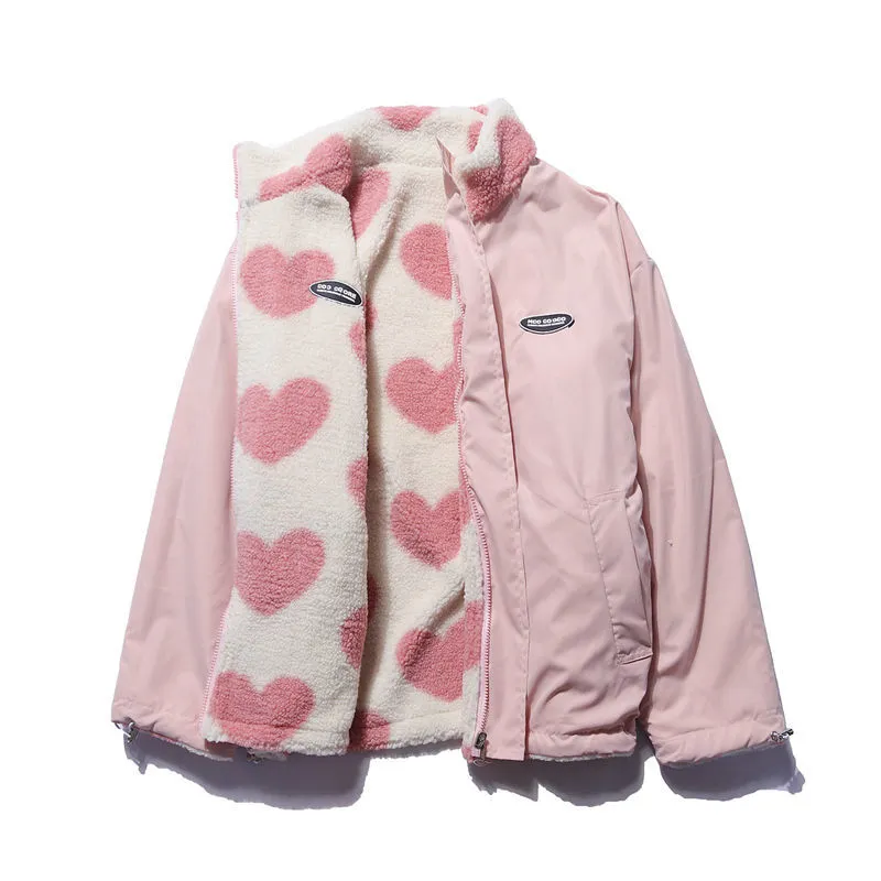 Doppelseitiger Herzmantel, rosa: Herzfleece-Innenseite mit Reißverschluss