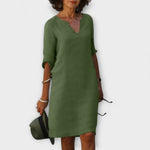 Sommerkleid mit V-Ausschnitt, langem Ärmel, grün, knielang