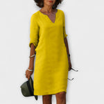 Sommerkleid mit V-Ausschnitt und 3/4-Ärmeln, gelb, knielang
