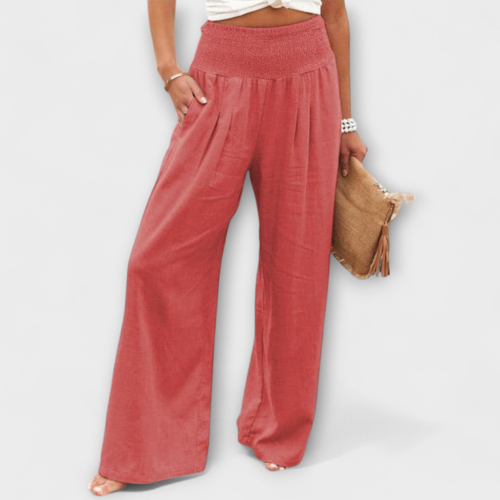 Lässige weite Leinenhose mit elastischem Bund, roséfarbig