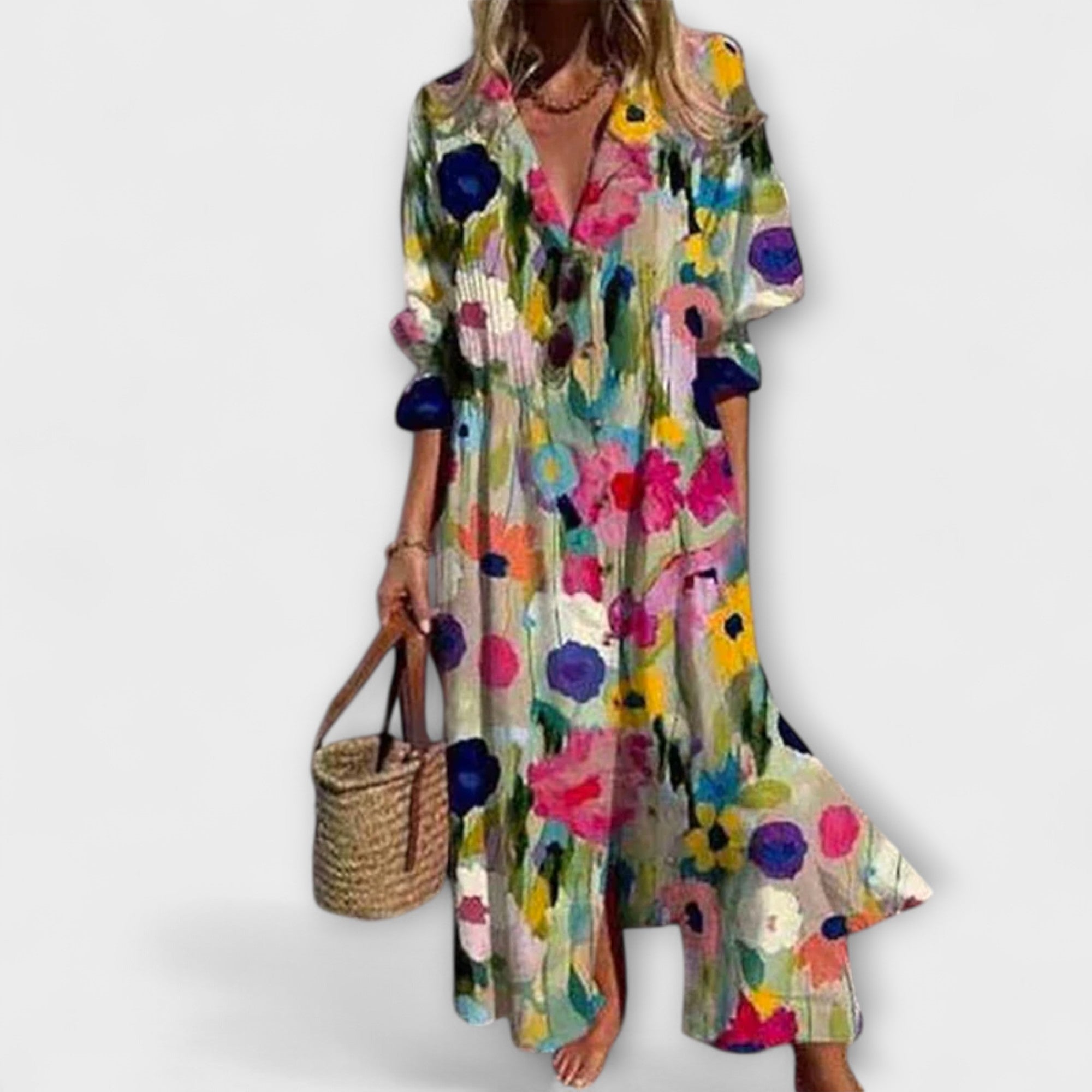 Maxikleid mit V-Ausschnitt und Knopfleiste, buntes Blumenmuster