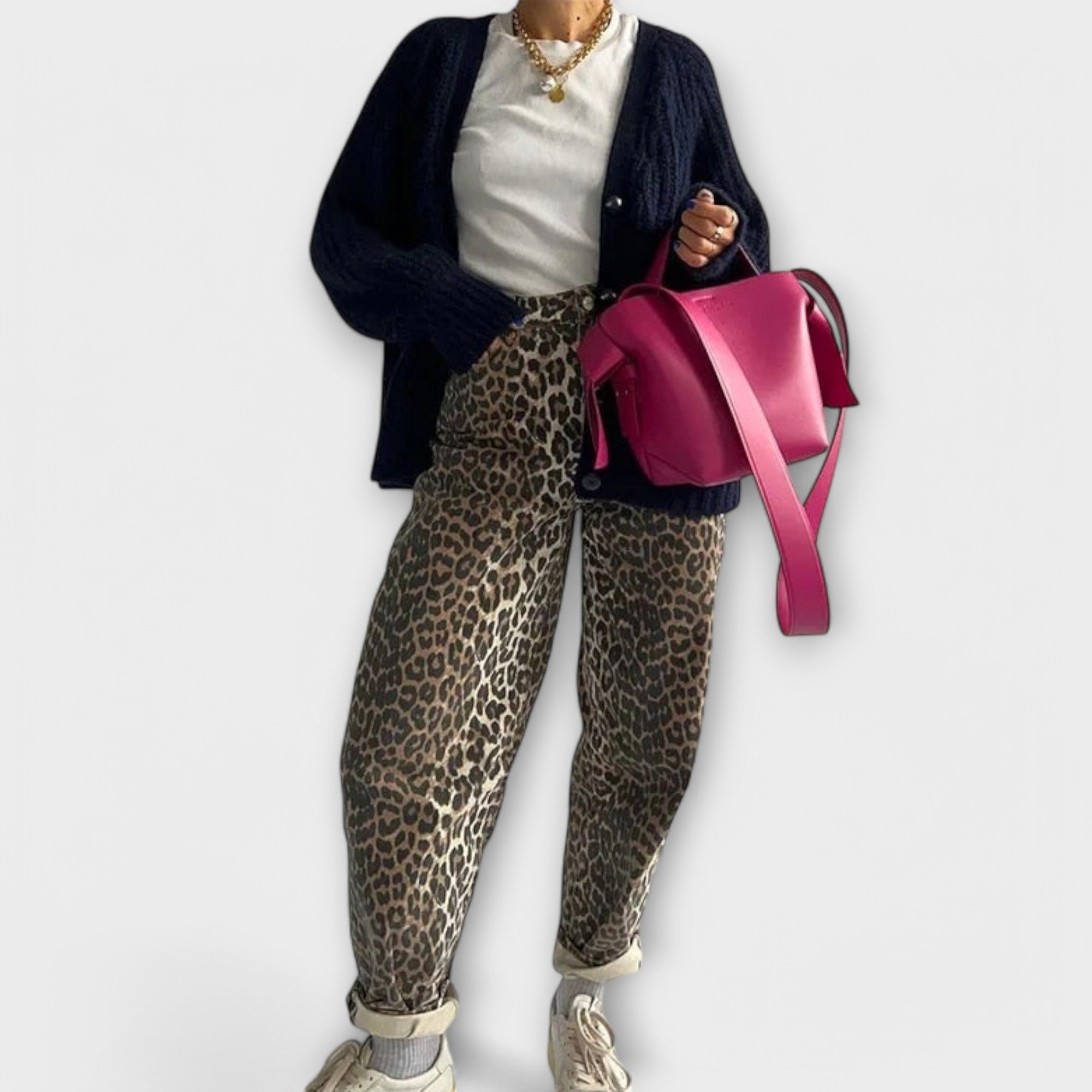 Vintage-Jeans mit Leopardenmuster, lockeres Bein, braun-beige Flecken