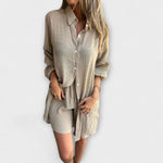 Beiges Blusen-Shorts-Set mit Knopfleiste, lockerer Passform und kurzen Shorts