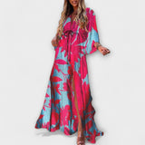 Maxikleid mit V-Ausschnitt, Knopfleiste und Fledermausärmeln, türkis-pink Blumenmuster