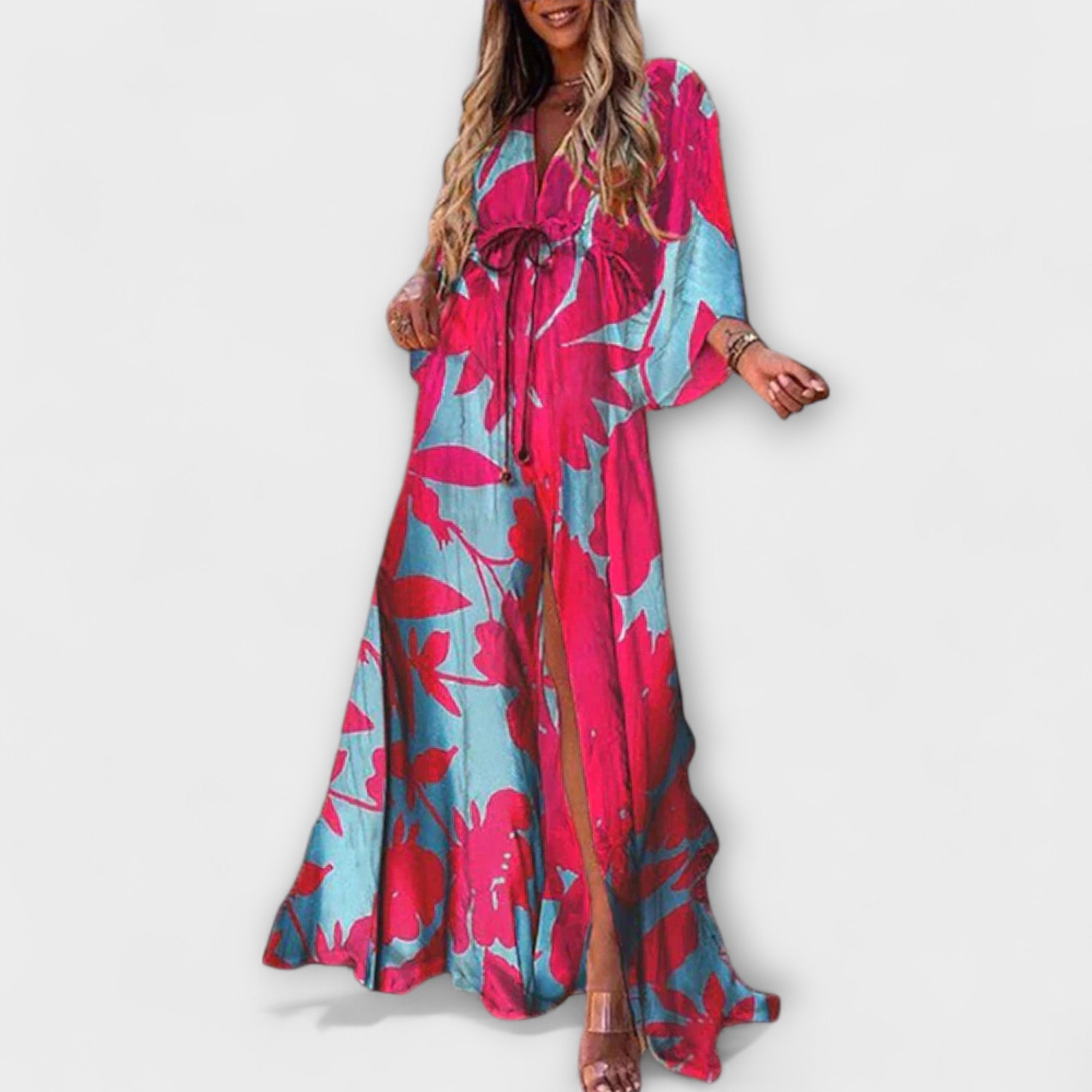 Maxikleid mit V-Ausschnitt, Knopfleiste und Fledermausärmeln, türkis-pink Blumenmuster