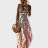 Fließendes Maxikleid mit V-Ausschnitt, ärmellos; mauve-pink mit goldenen Pailletten-Details