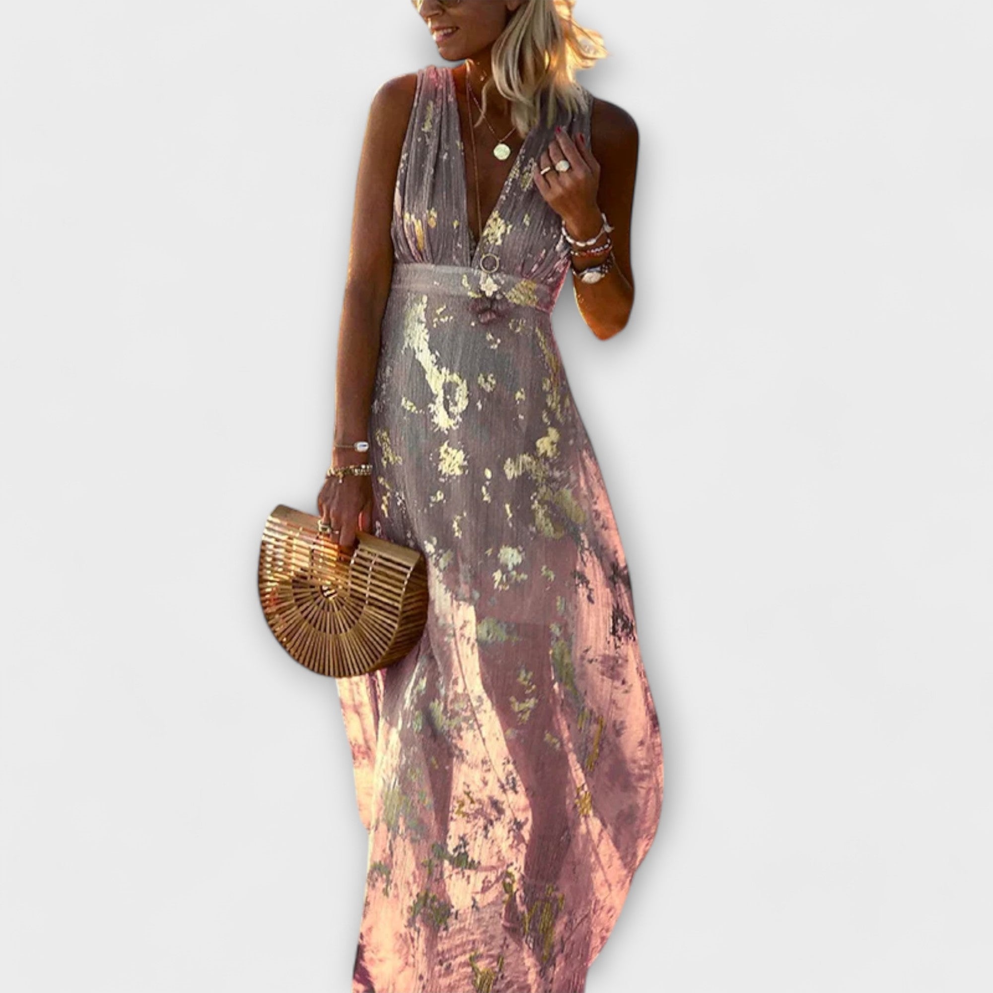 Fließendes Maxikleid mit V-Ausschnitt, ärmellos; mauve-pink mit goldenen Pailletten-Details