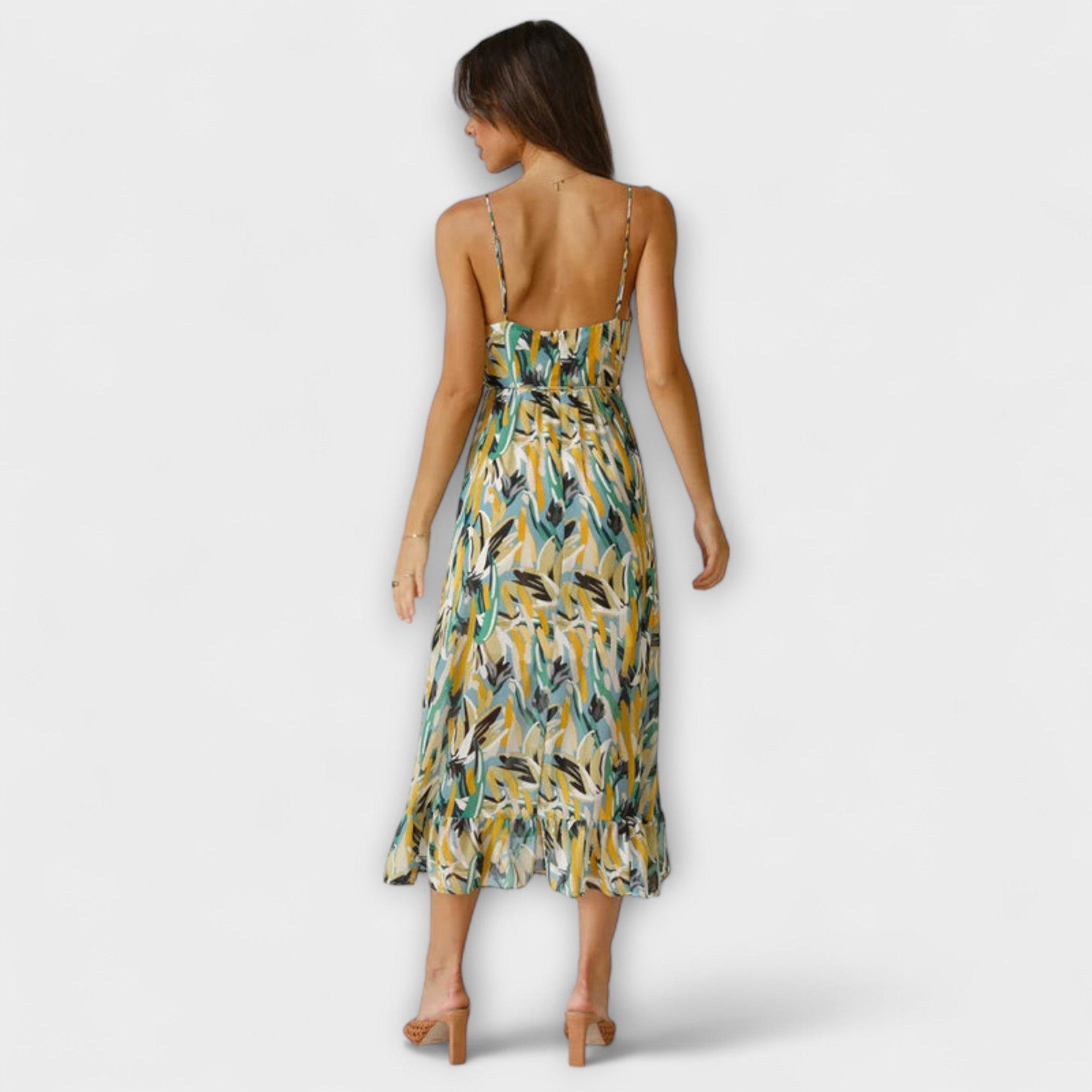 Sommerkleid mit Spaghettiträgern, Rückansicht, blau-gelb-grünes Blattmuster, gerafft