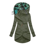 Elegante Jacke mit Kapuze, olivgrün, Reißverschluss, schräges Frontpanel