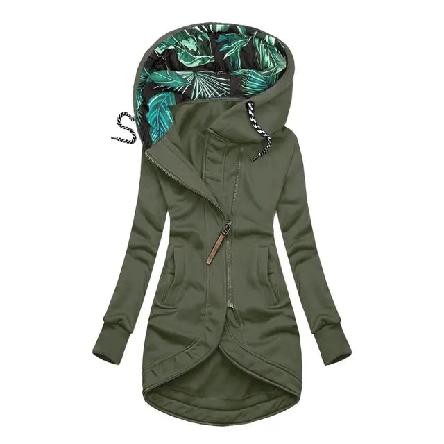 Elegante Jacke mit Kapuze, olivgrün, Reißverschluss, schräges Frontpanel