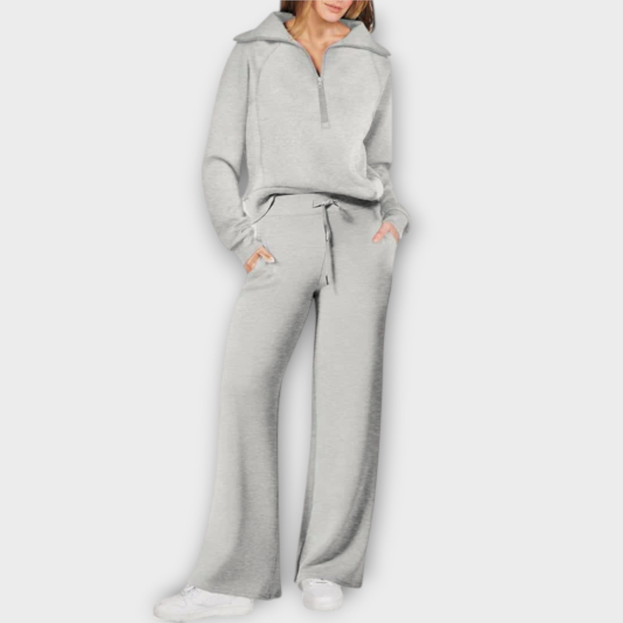 Graues Lounge-Set: Kapuzenhoodie mit Kordel, weite Hose mit Bindeband
