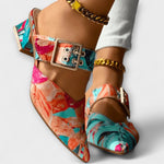Bunter Damen-Absatzschuh mit Blockabsatz, spitze Schuhform, Knöchelriemen mit großer Schnalle