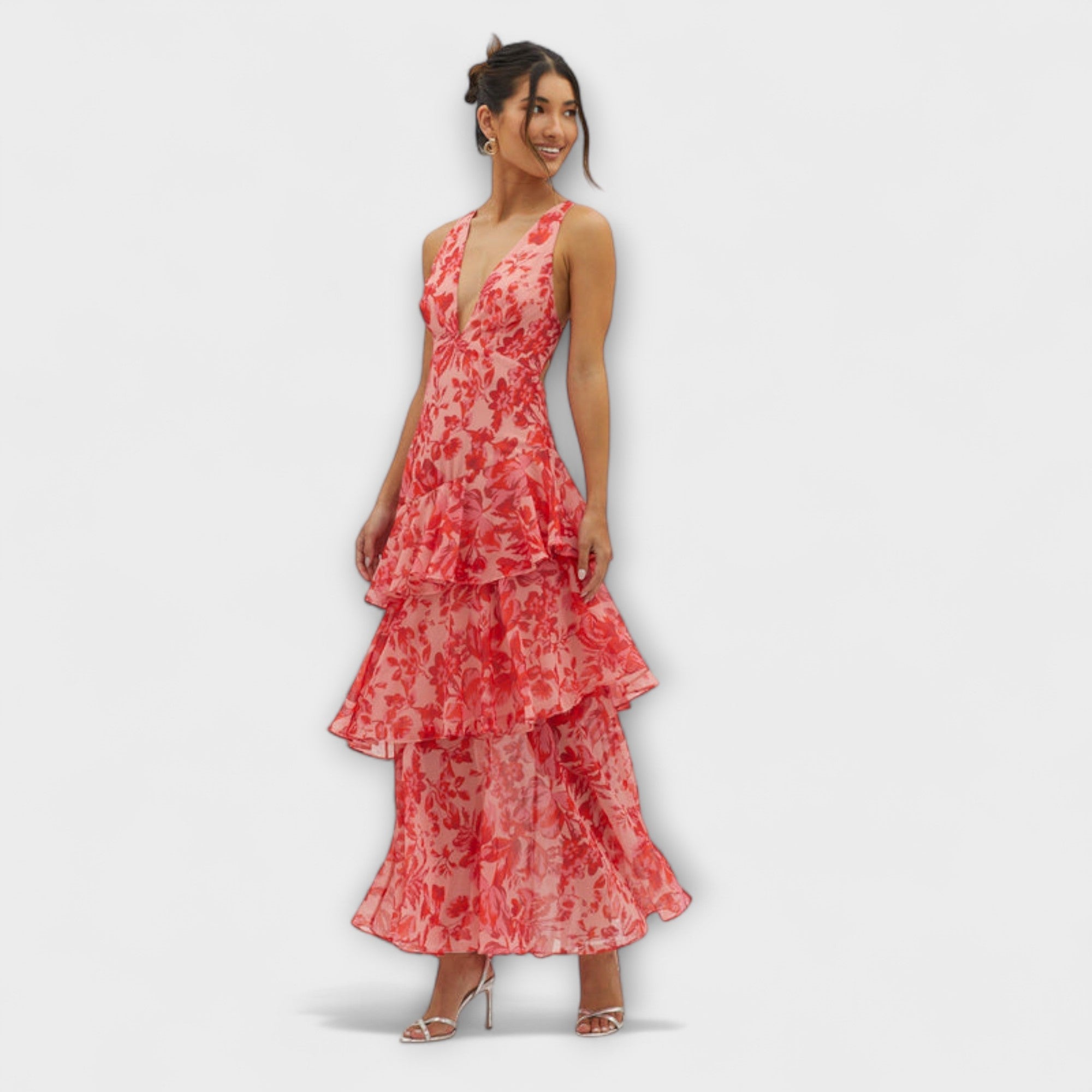 Rosenpinkes Midikleid mit V-Ausschnitt, ärmellos, Rüschenlagen und Blumenmuster