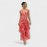 Rosenpinkes Midikleid mit tiefem V-Ausschnitt, mehrlagigem Rüschenrock und Blumenprint
