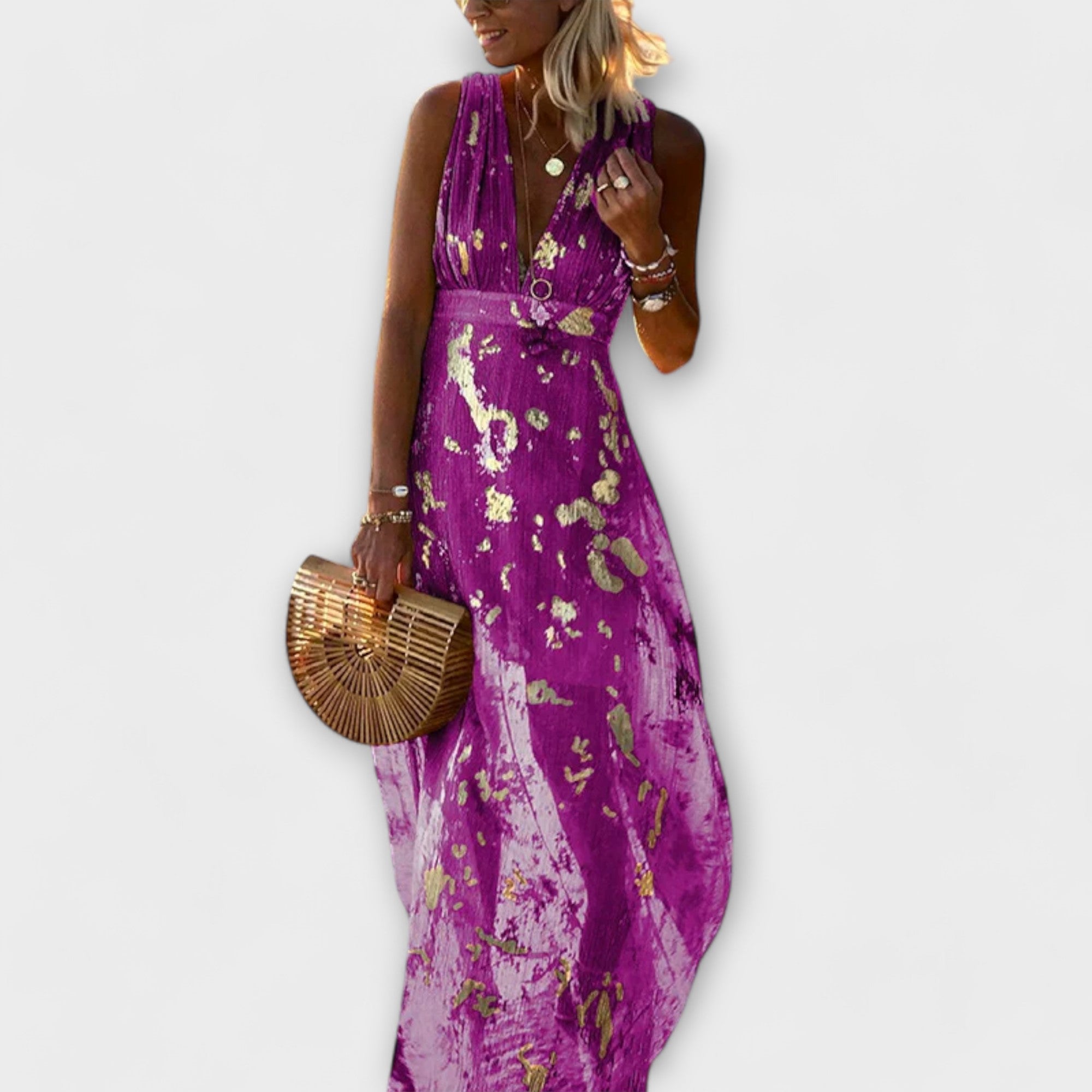 Fliessendes Maxikleid mit V-Ausschnitt, lila/gold Pailletten, ärmellos, fließender Schnitt