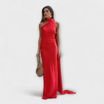 Rotes Maxikleid mit Neckholder und drapiertem Oberteil, bodenlang