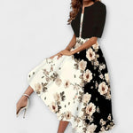 Midi-Kleid mit Blazeroptik, schwarz-braun und weißer Blumenprint, weit ausgestellt