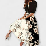 Midi-Kleid mit Blazeroptik, schwarz-braun und weißer Blumenprint, weit ausgestellt