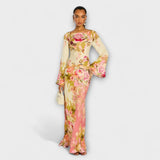 Blumiges Maxikleid mit langen Glockenärmeln und Rundhalsausschnitt, mehrfarbig