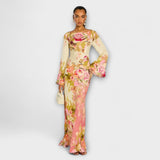 Maxikleid mit pink-gelbem Blumenprint, langen Ärmeln und bodenlangem, figurbetontem Schnitt