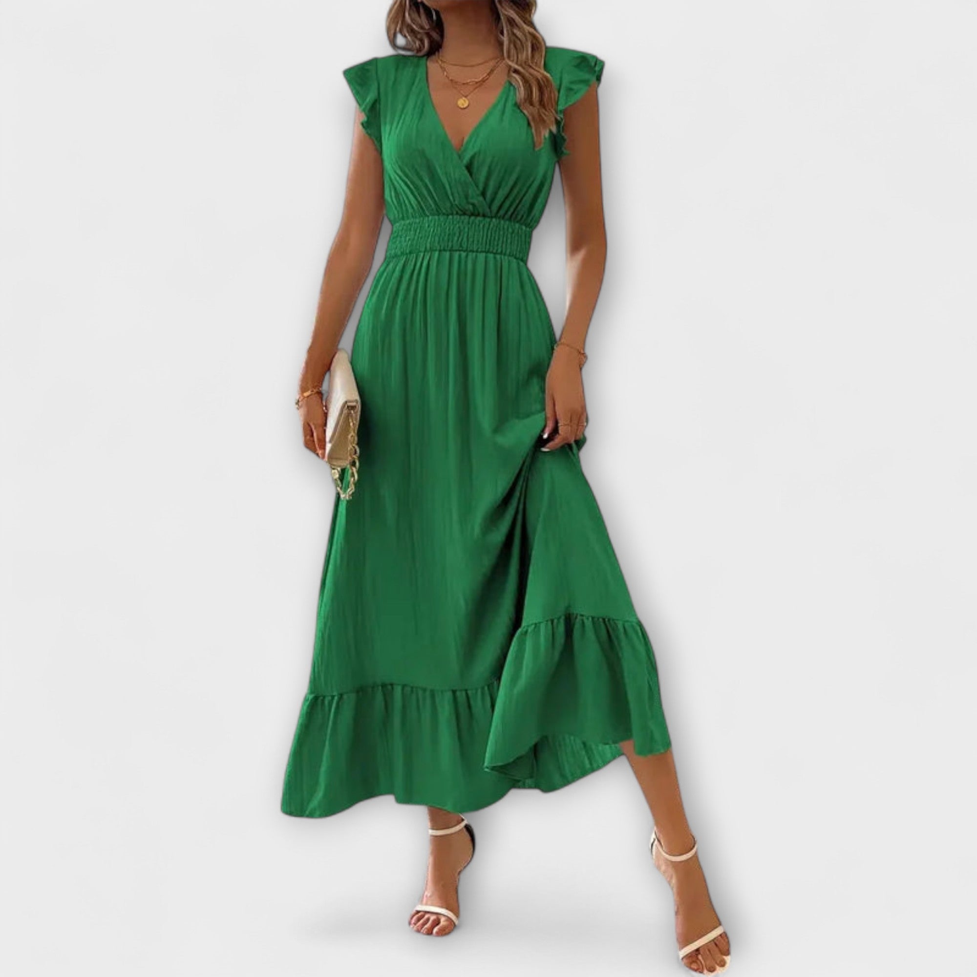 Grünes Maxikleid mit tiefem V-Ausschnitt, geraffter Taille und Volantärmeln