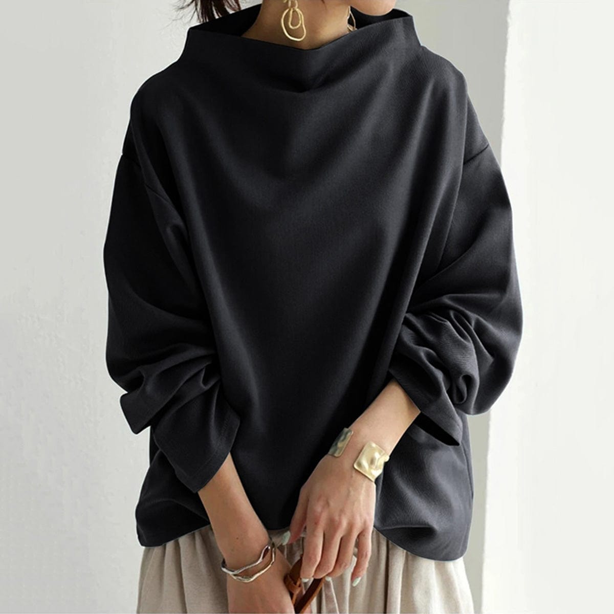 Wanda™-Pullover mit hohem Kragen, Schwarz, weite Ärmel, lockere Passform
