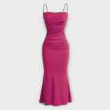 Maxi-Party-Kleid in Pink mit schmalen Trägern und gerafftem Taillenbereich