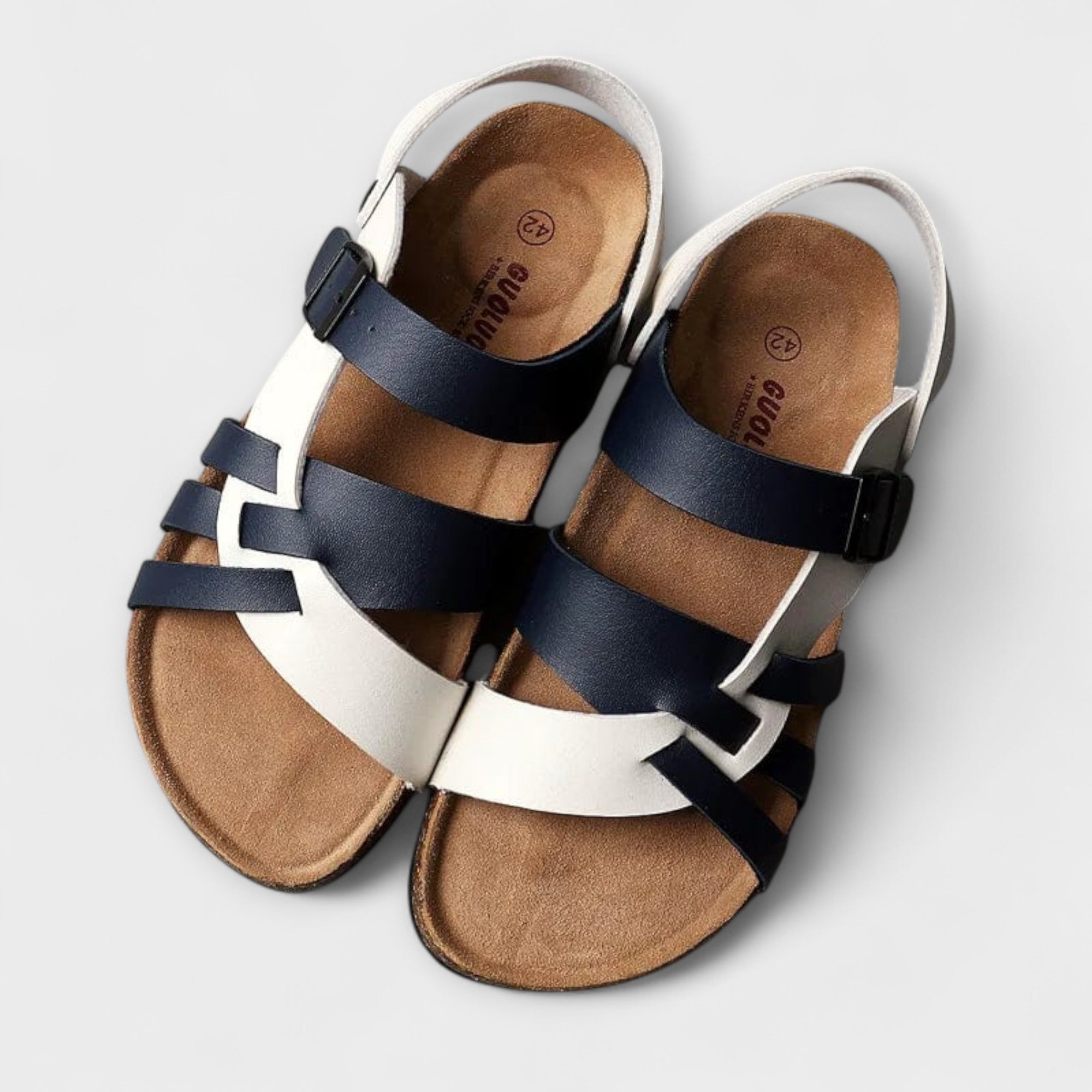 Martina Ledersandalen mit dunkelblauen Riemen und weißen Akzenten