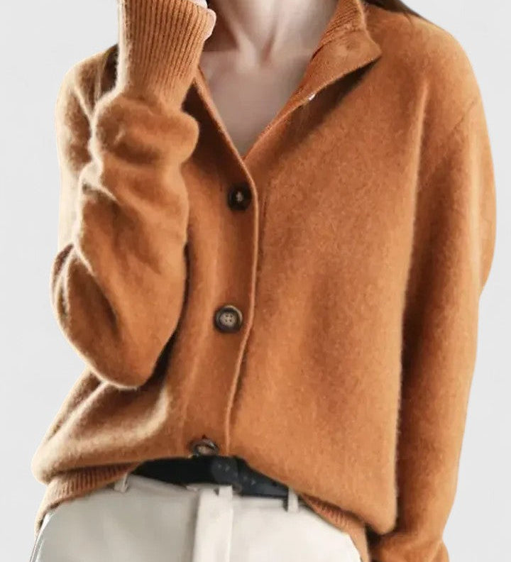 Karamellfarbener Cardigan mit Knopfleiste und Kragen, lange Ärmel