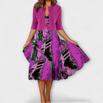 Midi-Kleid mit Blazeroptik, fuchsia mit buntem Muster und Streifen, weit ausgestellt