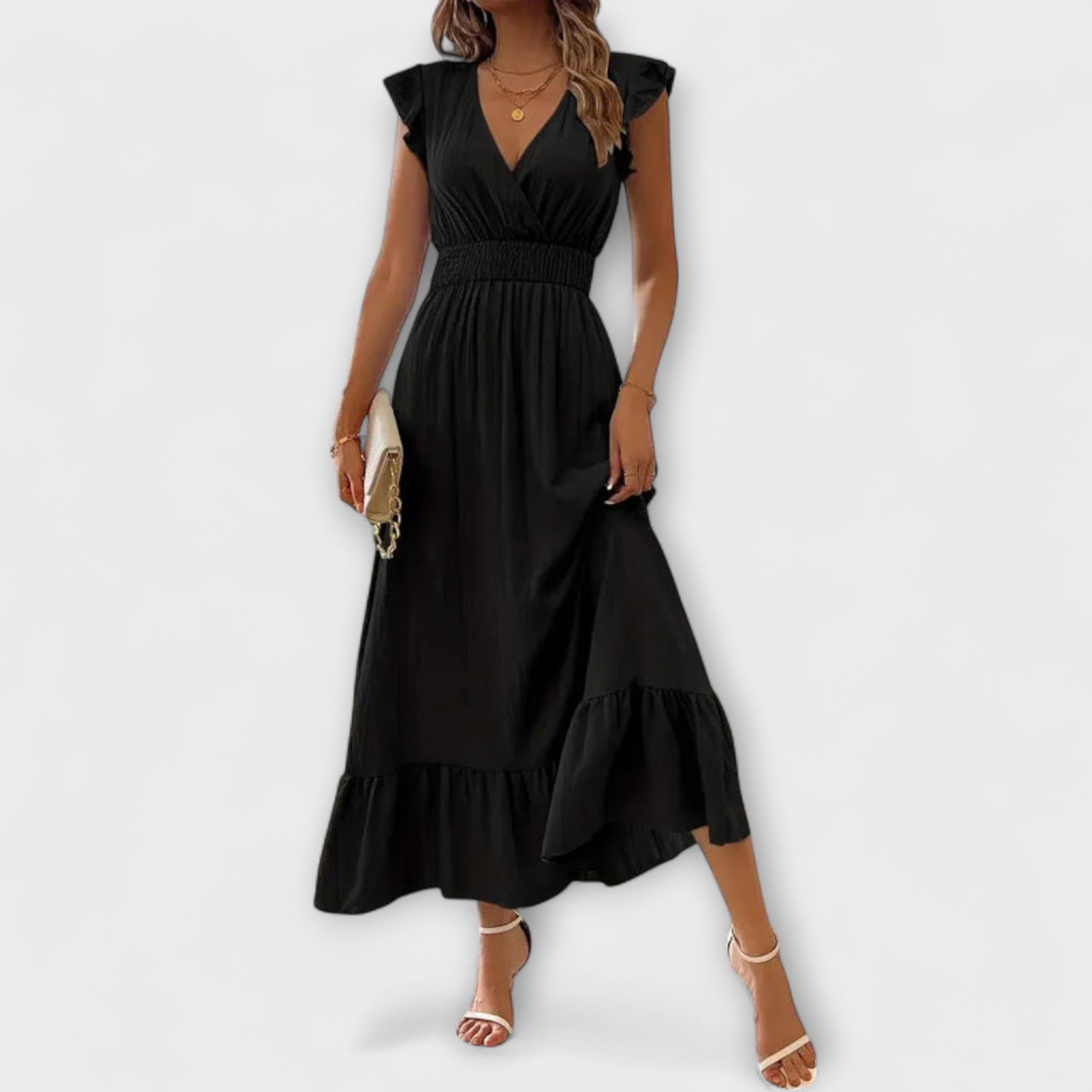 Schwarzes Maxikleid mit tiefem V-Ausschnitt, geraffter Taille und Volantärmeln