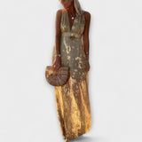 Fließendes Kleid mit V-Ausschnitt, ärmellos; goldbraun schimmernd, Pailletten-Muster auf dem Stoff