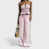 Hosen-Set mit gerüschtem Bandeau-Top und weiter Bein, pink-weiß gestreift