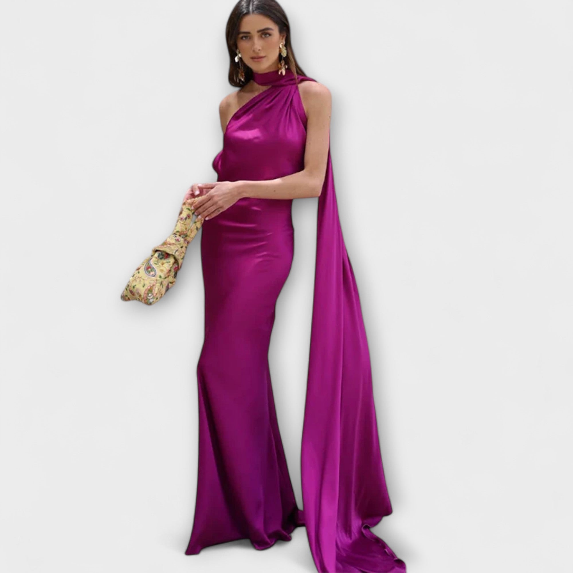 Lila-burgunderfarbenes Maxikleid mit Neckholder und langem Drapierumhang, bodenlang