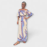 Maxikleid mit off-shoulder Ärmeln, Bindegürtel und abstraktem Beige-Blau-Rot-Print