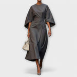 Elegantes Kleid mit Ärmeln, taillierter Gürtel, knielang, graubraun, schimmernder Stoff