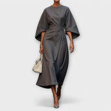 Elegantes Kleid mit Ärmeln, taillierter Gürtel, knielang, graubraun, schimmernder Stoff