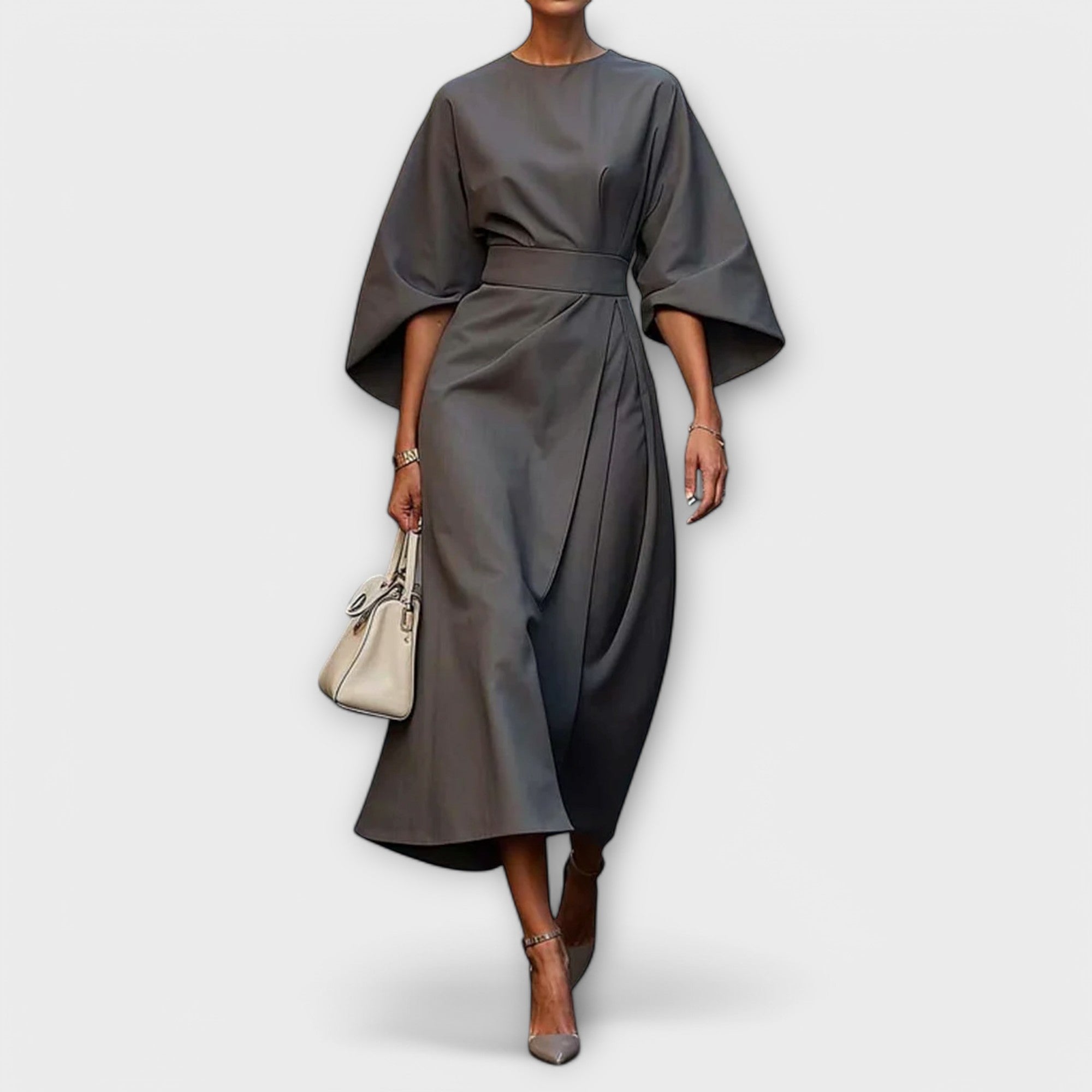 Elegantes Kleid mit Ärmeln, taillierter Gürtel, knielang, graubraun, schimmernder Stoff