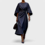 Elegantes Kleid mit Ärmeln, taillierter Gürtel, knielang, dunkelblau, weite Ärmel