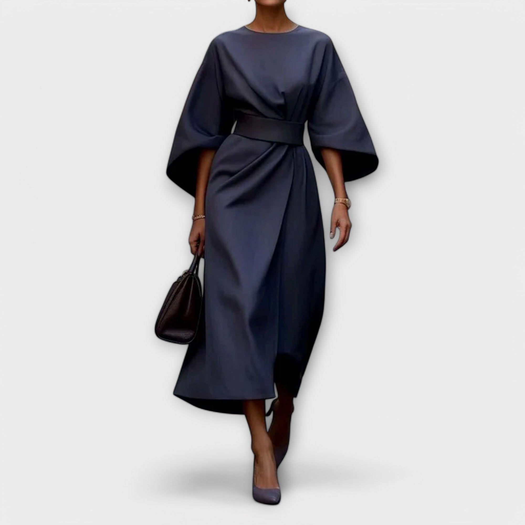 Elegantes Kleid mit Ärmeln, taillierter Gürtel, knielang, dunkelblau, weite Ärmel