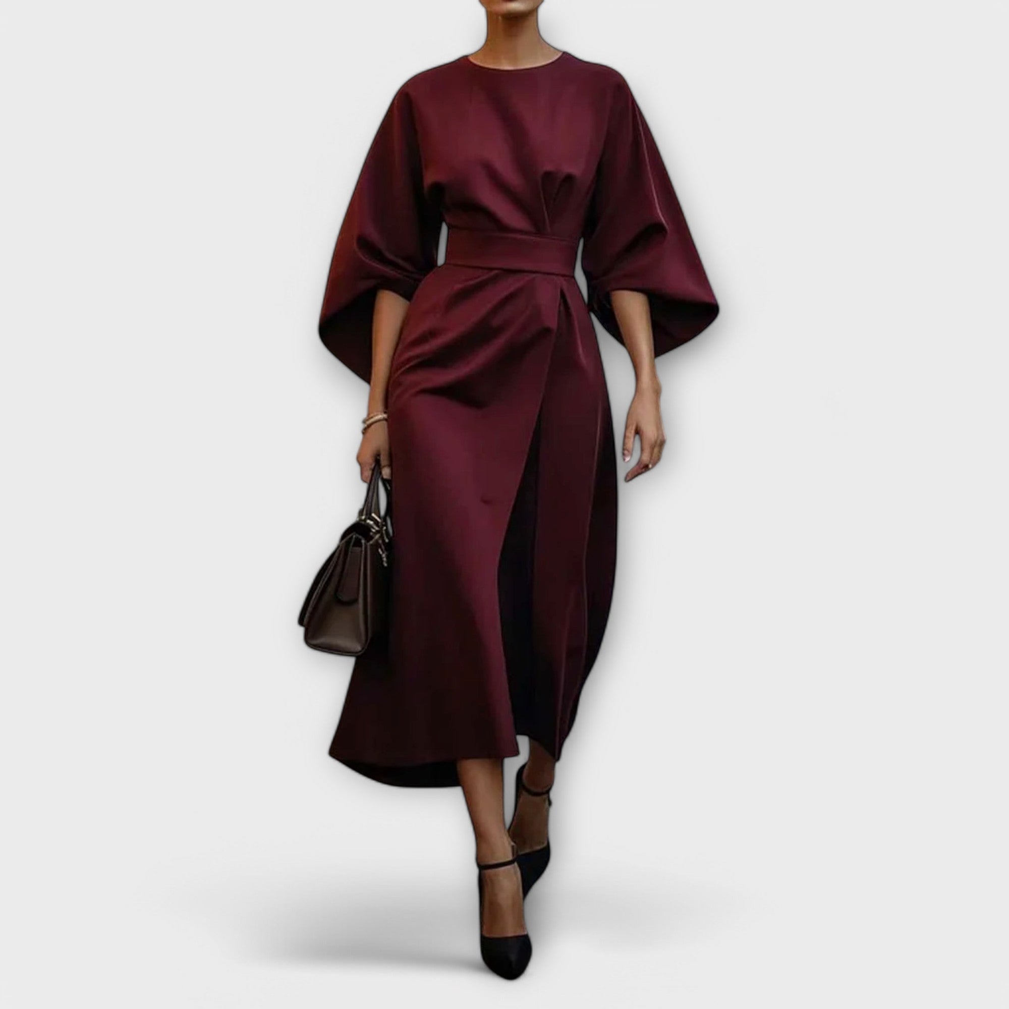 Elegantes Kleid mit Ärmeln, taillierter Gürtel, knielang, bordeauxrot, weite Fledermausärmel