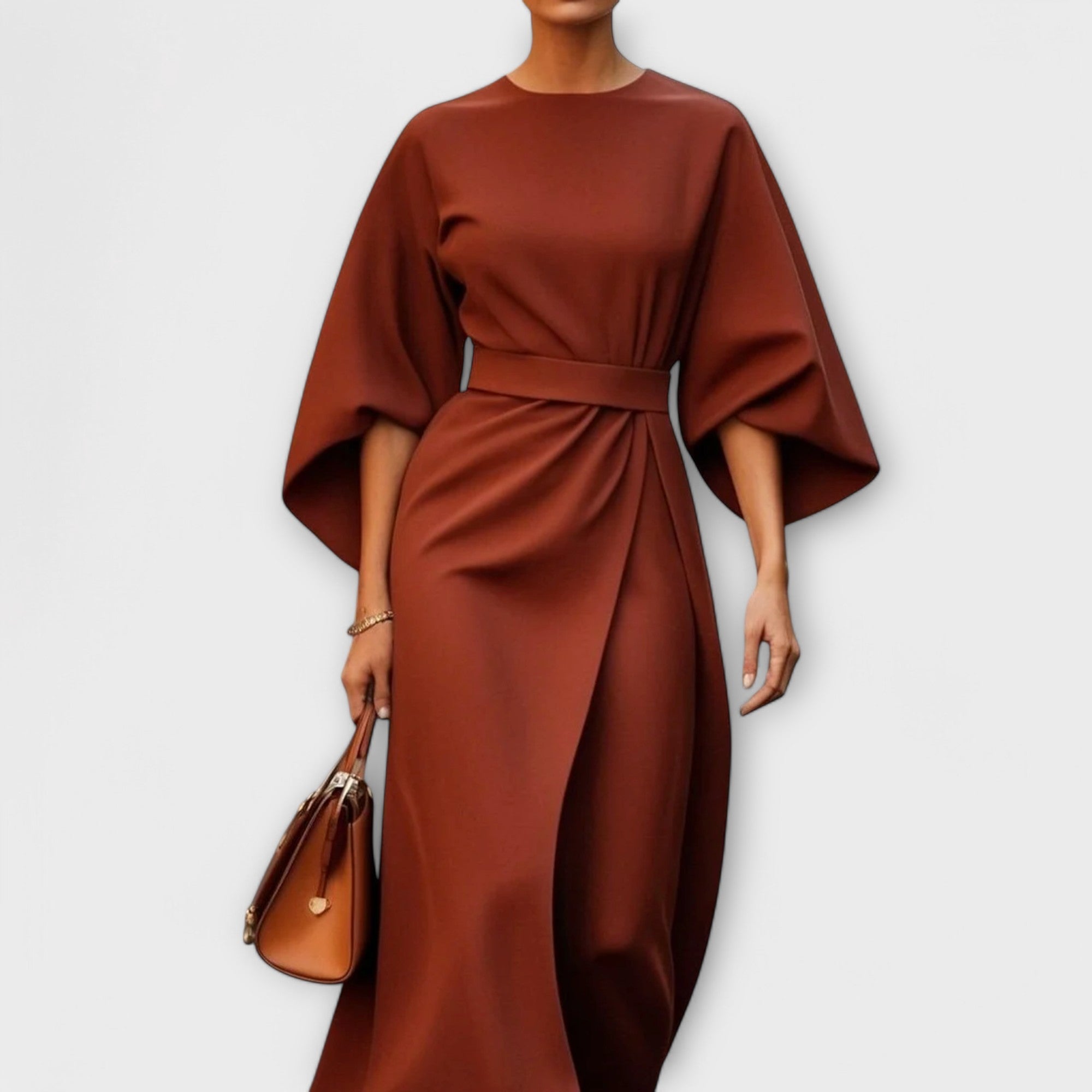 Elegantes Kleid mit Ärmeln, taillierter Gürtel, knielang, rostbraun, drapiert und locker fallend