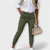Olivegrüne Stretchhose mit Knopfverschluss, seitlichen Taschen und Knöchel-Bündchen