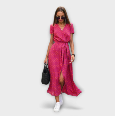 Eshel bequemes Kleid mit V-Ausschnitt, kurzem Ärmel, gepunktetem Pink und Bindegürtel