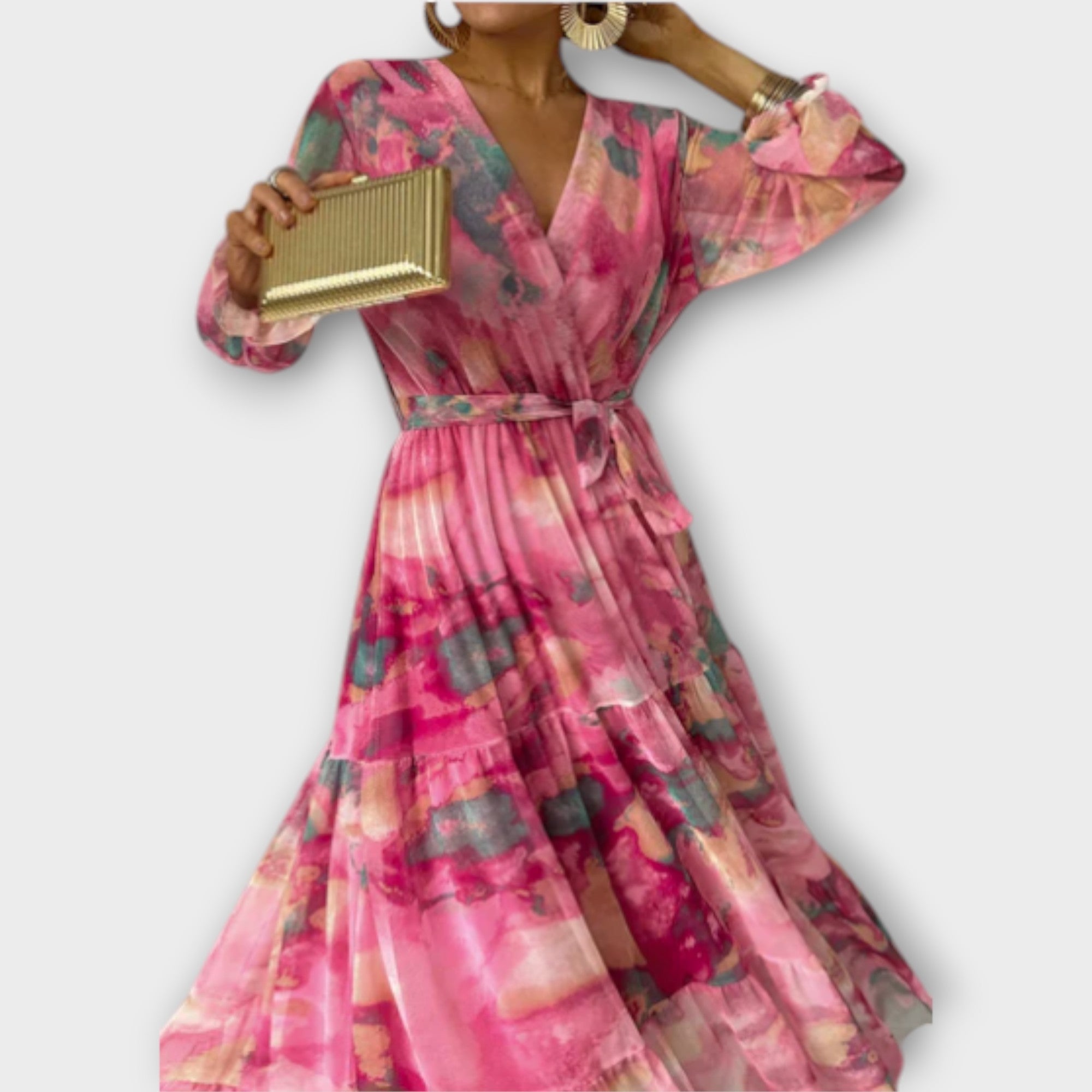 Maxikleid mit V-Ausschnitt, pinkem Aquarellmuster und Bindegürtel, Volantrock